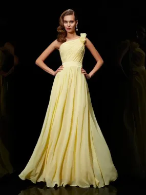 A-Line Chiffon One-Shoulder Sleeveless Floor-Length With Hand-Made Flower Bridesmaid Dresses