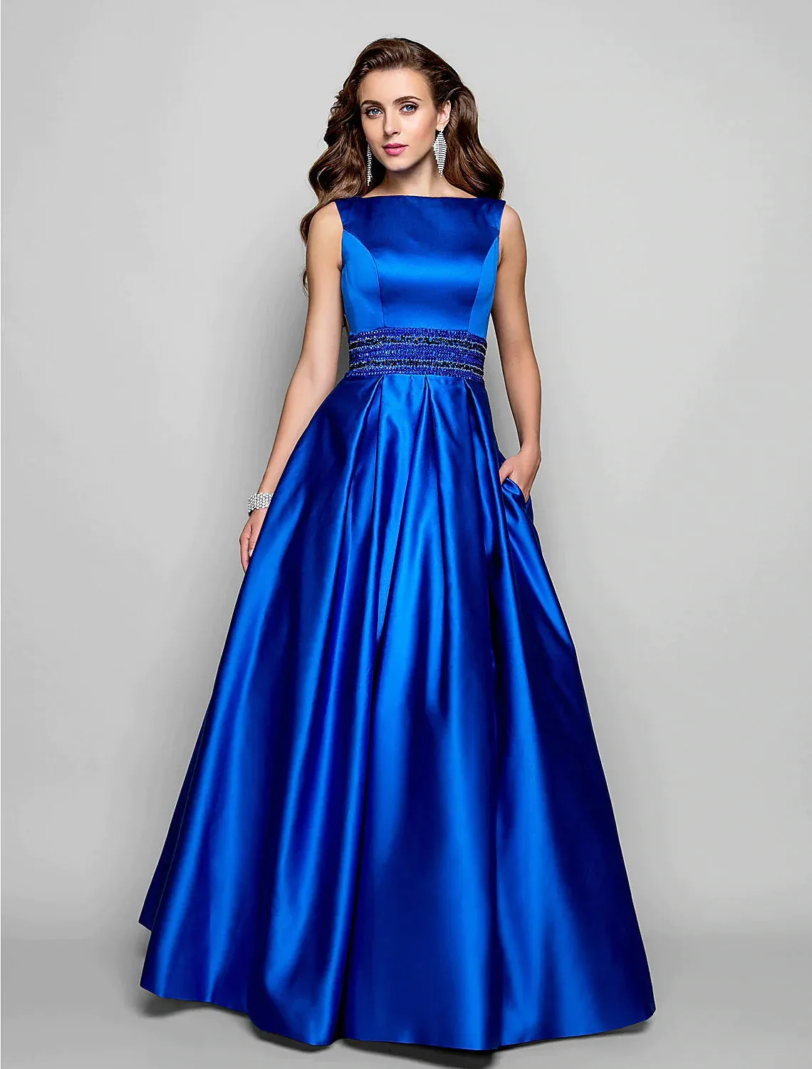 A-Line Elegant Blue Evening Dresses Wedding Guest Floor Length Sleeveless Boat Neck Pocket Satin with Pleats Beading