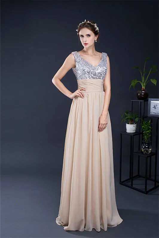 A Line V-Neck Sleeveless Sequins Chiffon Floor Length Prom Dresses