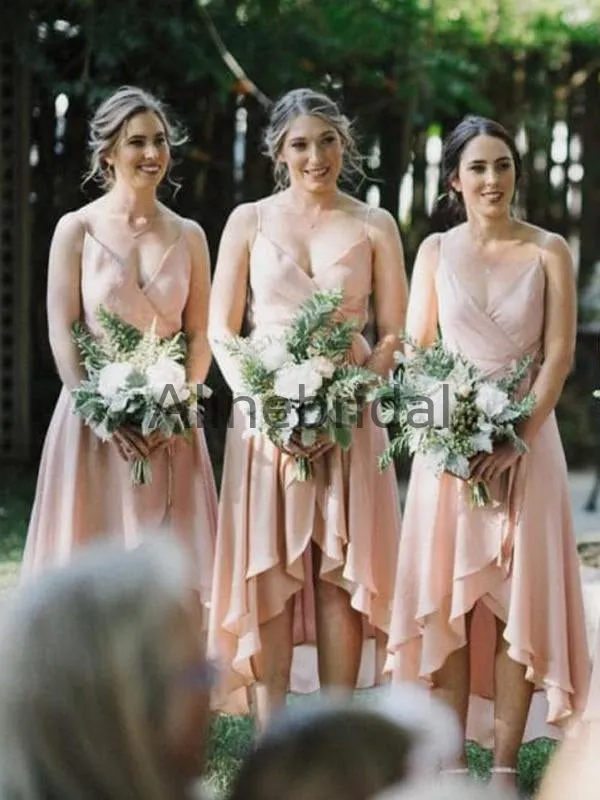 Blush Pink Spaghetti Strap High Low Ruffles A-line Bridesmaid Dresses, AB4136