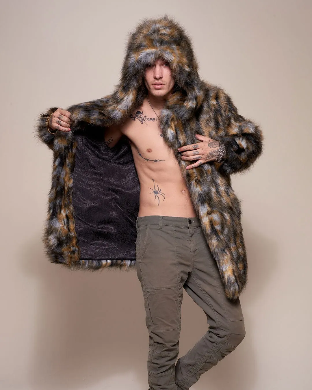 Brindle Wolf Hooded Faux Fur Coat | Men's