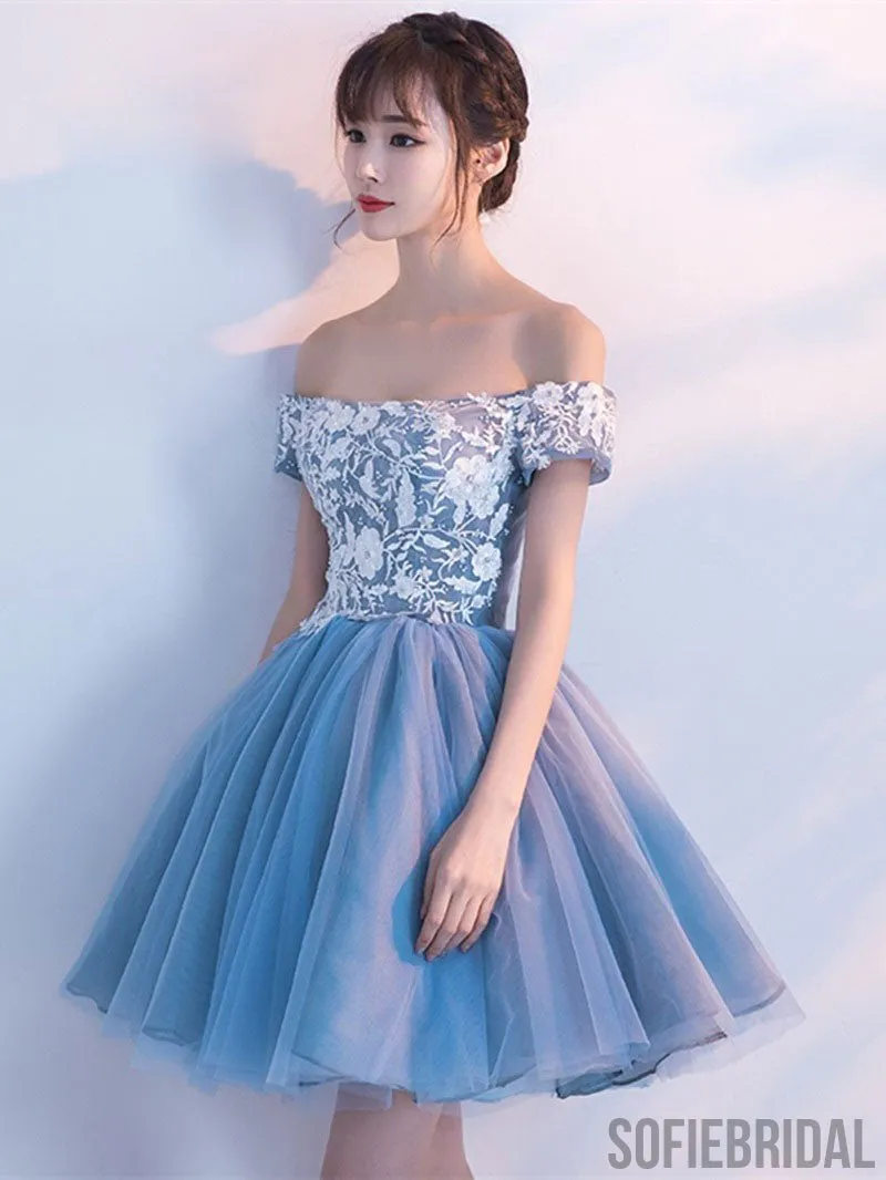 Cheap Blue Off Shoulder Lace Cute Homecoming Dresses, CM446