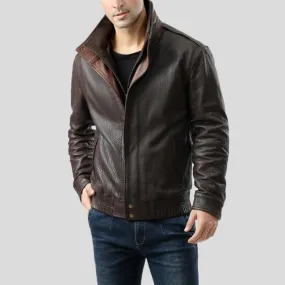 Chek Brown Bomber Leather Jacket