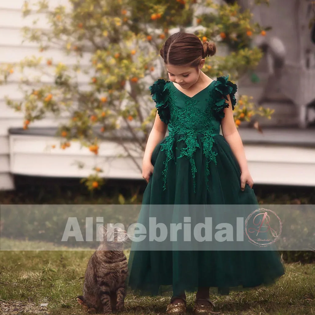 Dark Green Appliques Tulle Pretty Sleeveless Long Flower Girl Dresses, FGS072