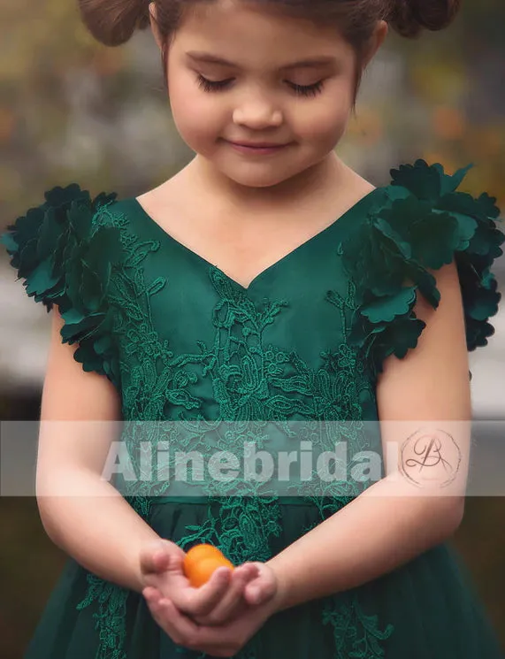 Dark Green Appliques Tulle Pretty Sleeveless Long Flower Girl Dresses, FGS072