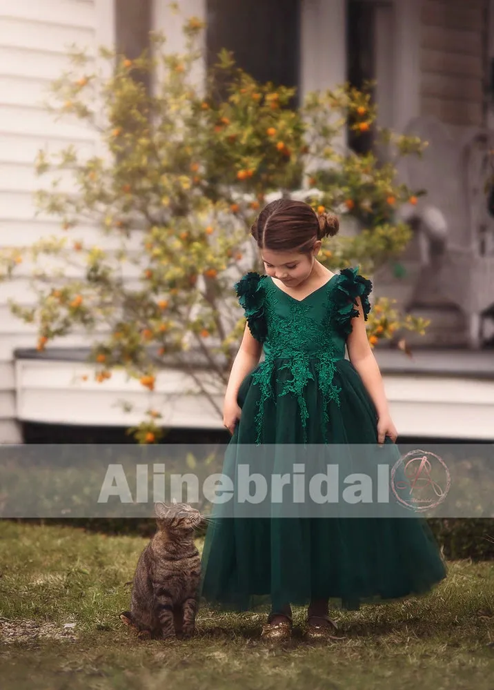 Dark Green Appliques Tulle Pretty Sleeveless Long Flower Girl Dresses, FGS072