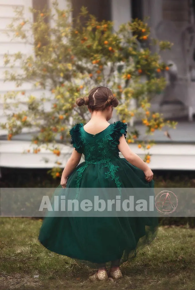 Dark Green Appliques Tulle Pretty Sleeveless Long Flower Girl Dresses, FGS072