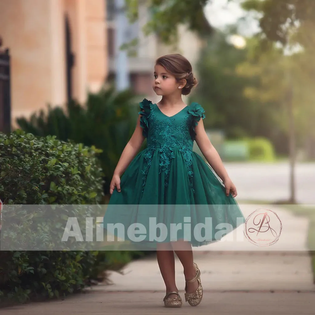 Dark Green  Appliques Tulle Pretty Sleeveless Short Flower Girl Dresses , FGS076