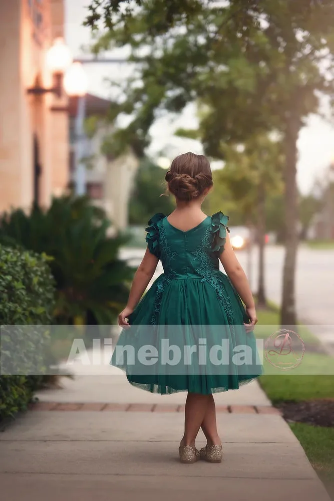 Dark Green  Appliques Tulle Pretty Sleeveless Short Flower Girl Dresses , FGS076