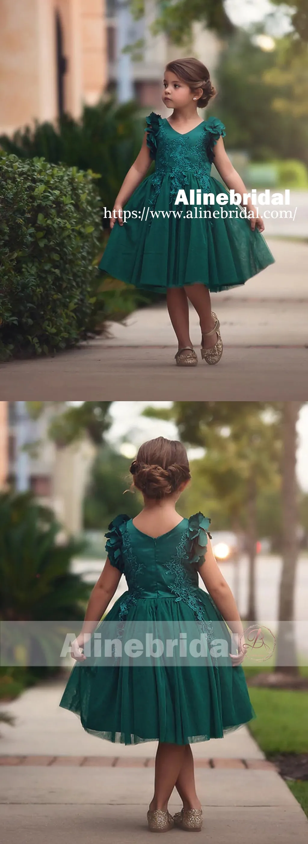 Dark Green  Appliques Tulle Pretty Sleeveless Short Flower Girl Dresses , FGS076