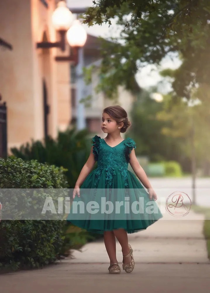 Dark Green  Appliques Tulle Pretty Sleeveless Short Flower Girl Dresses , FGS076