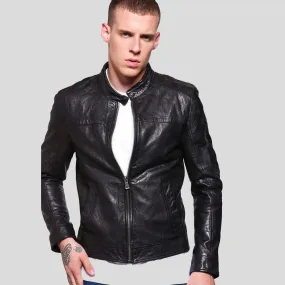 Ferd Black Slim Fit Leather Racer Jacket