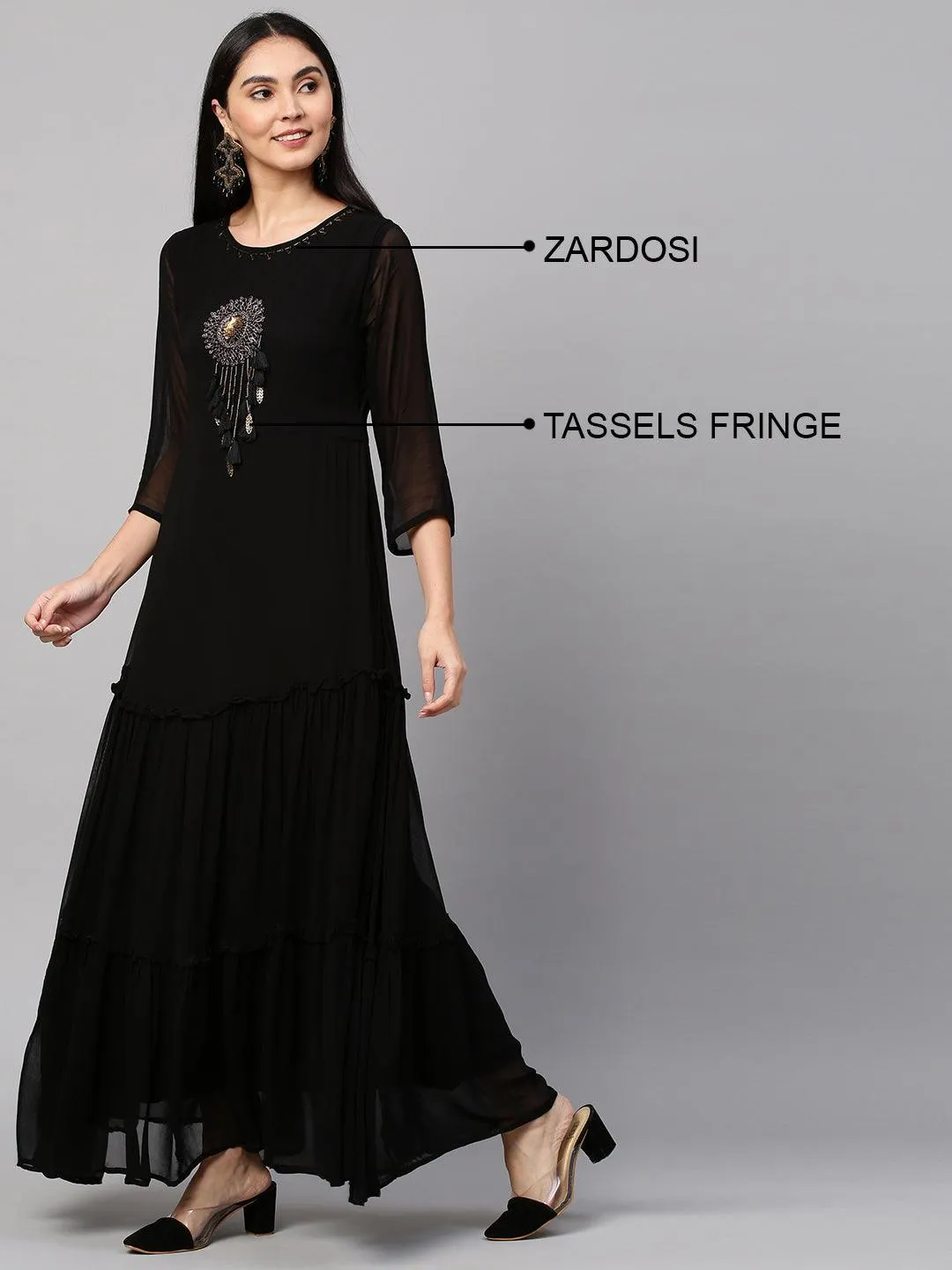 Hand Embroidered Tiered Maxi Dress - Black