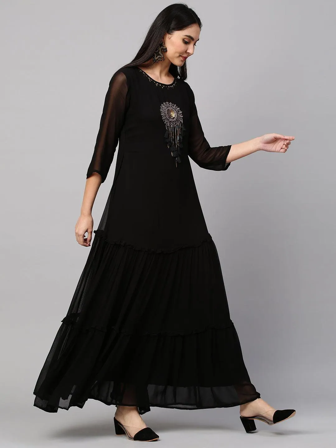 Hand Embroidered Tiered Maxi Dress - Black