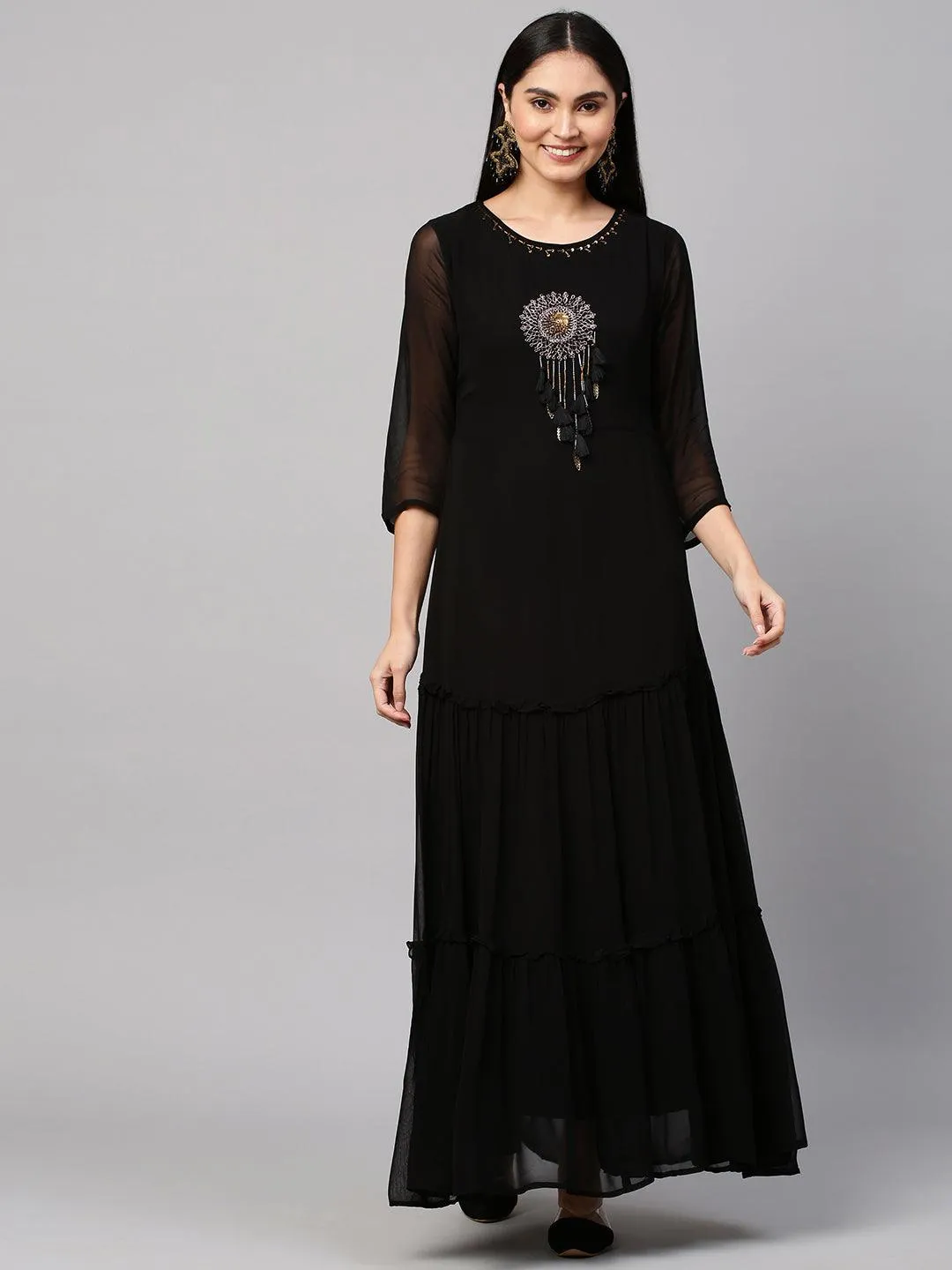 Hand Embroidered Tiered Maxi Dress - Black