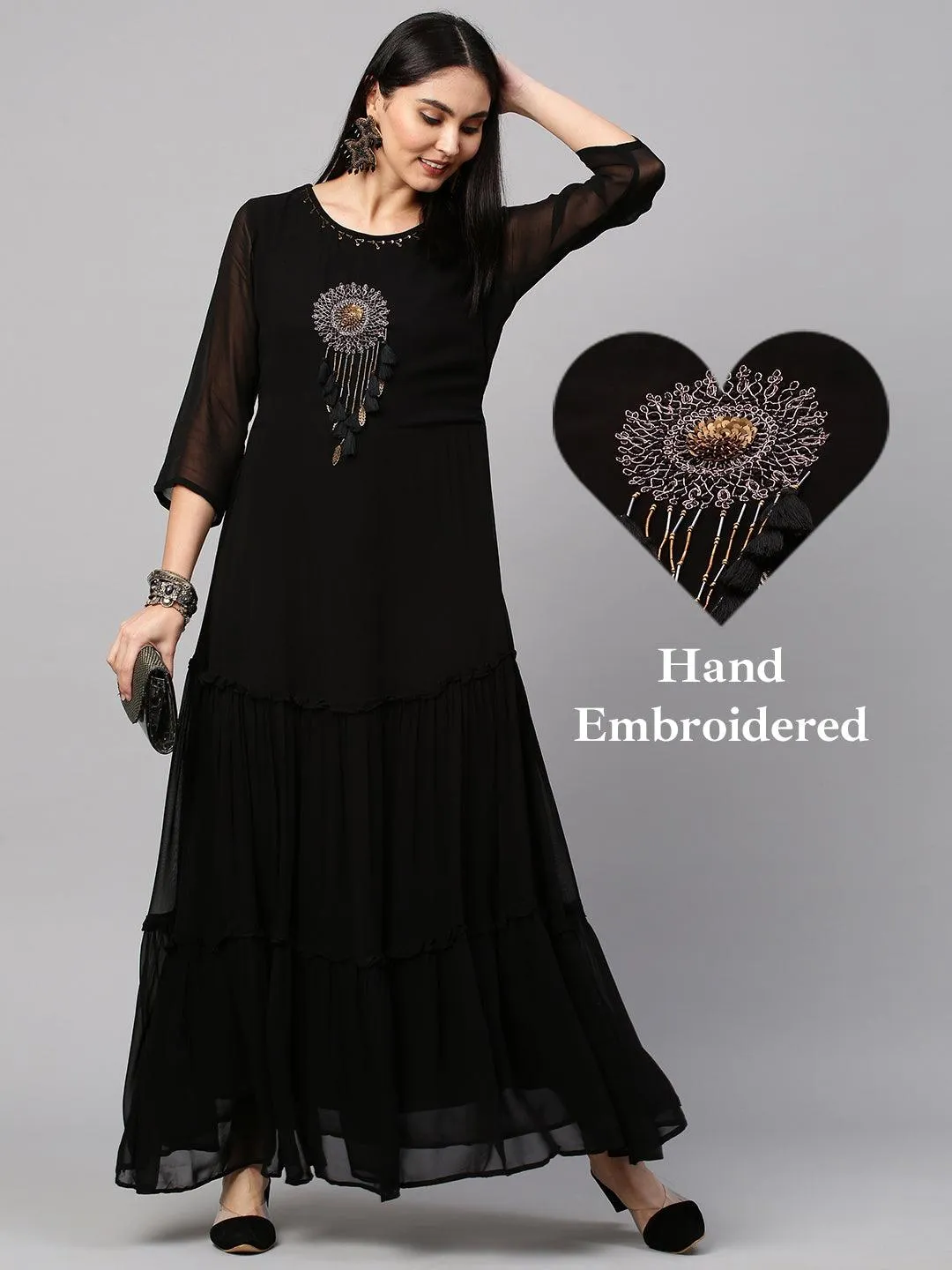 Hand Embroidered Tiered Maxi Dress - Black