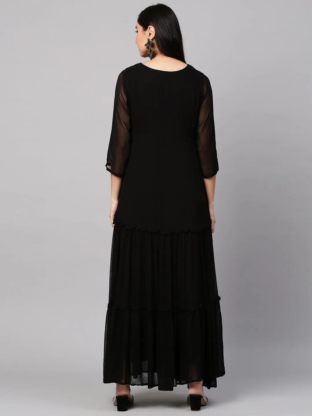 Hand Embroidered Tiered Maxi Dress - Black