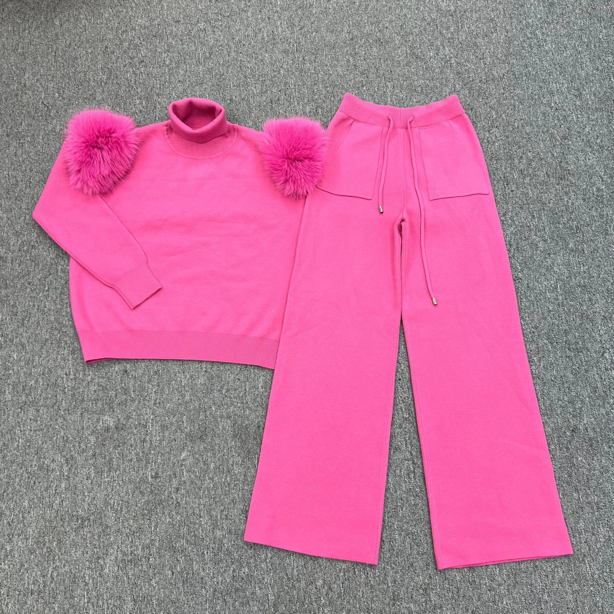 Hot Pink Faux Fur Shoulder Wide Leg Tracksuit