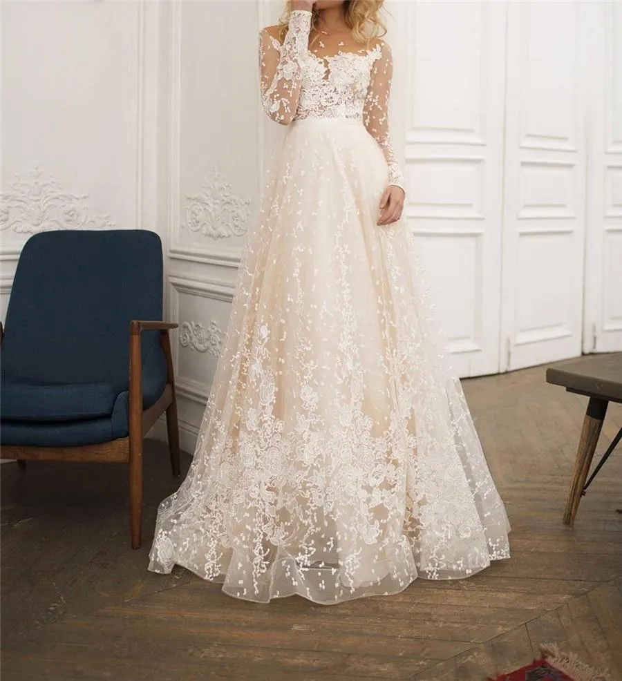 Long Sleeves Open Back Champagne Wedding Dress