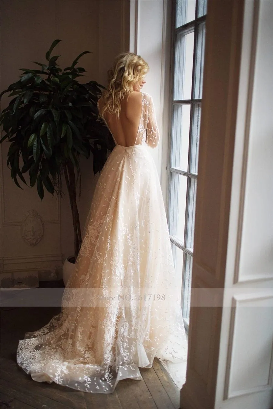 Long Sleeves Open Back Champagne Wedding Dress