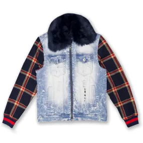 M1068 Makobi Denim And Plaid Biker Jacket - Light Wash/Navy