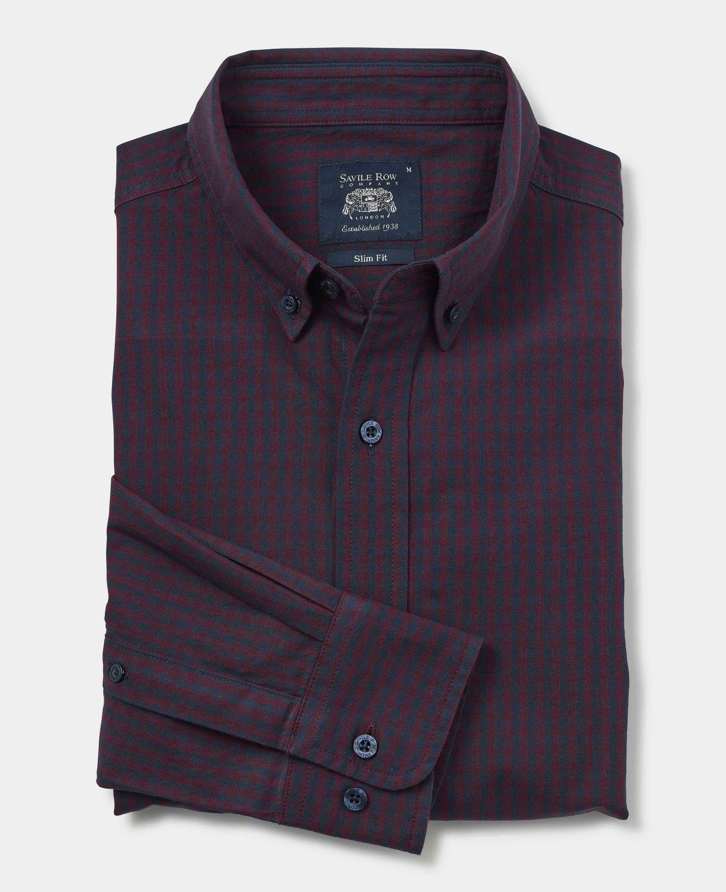 Navy Maroon Slim Fit Gingham Oxford Shirt