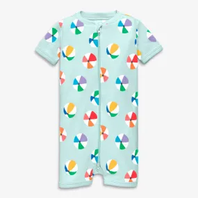 Organic short sleeve zip romper in rainbow beach balls