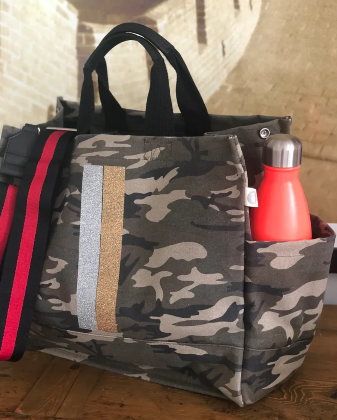 Split Letter Monogram Green Camo North South Bag with Stripe Strap