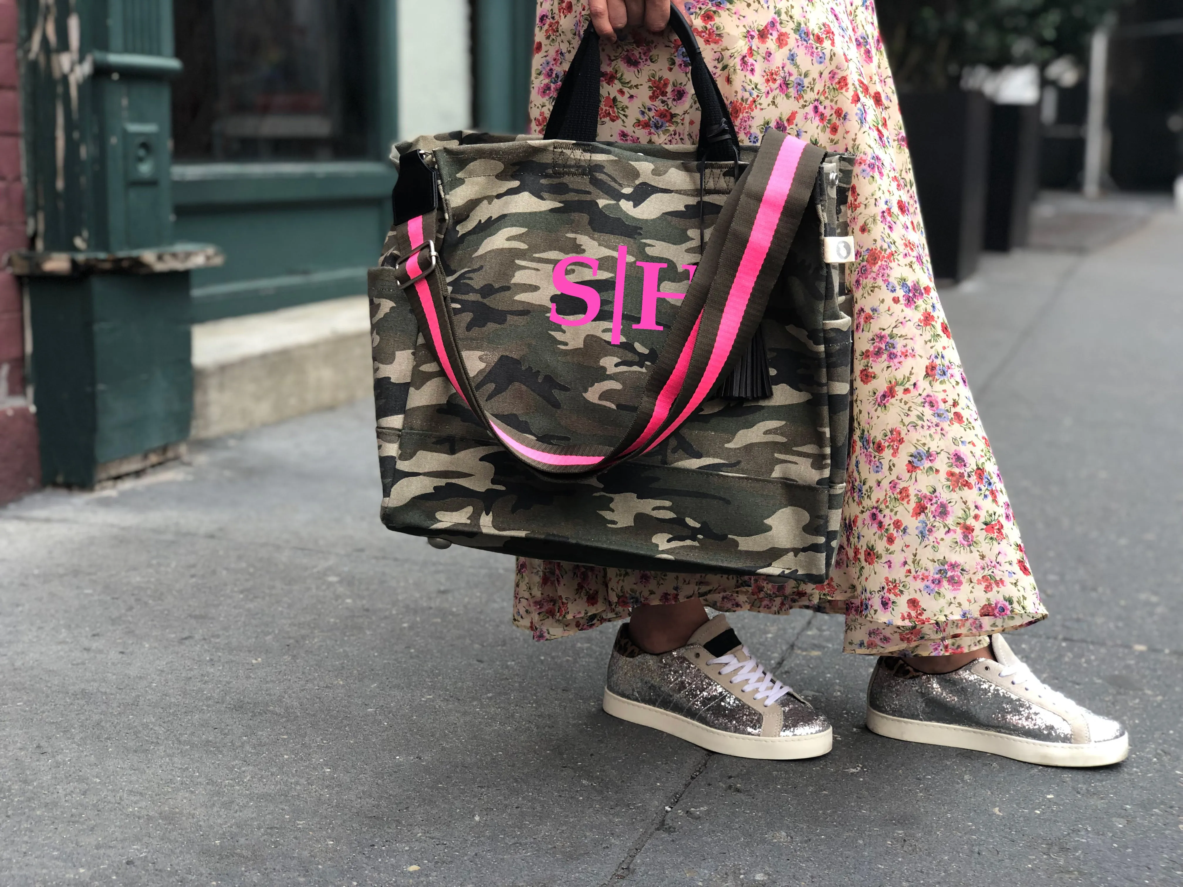 Split Letter Monogram Green Camo North South Bag with Stripe Strap