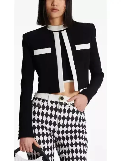 Women’s Black with White Trim Cropped Blazer Jacket