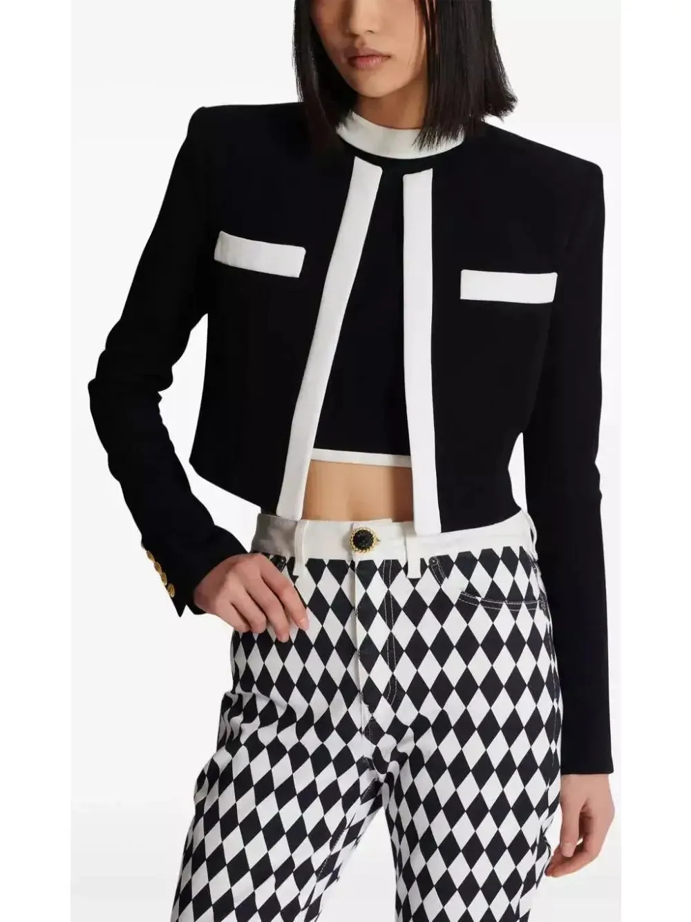 Women’s Black with White Trim Cropped Blazer Jacket