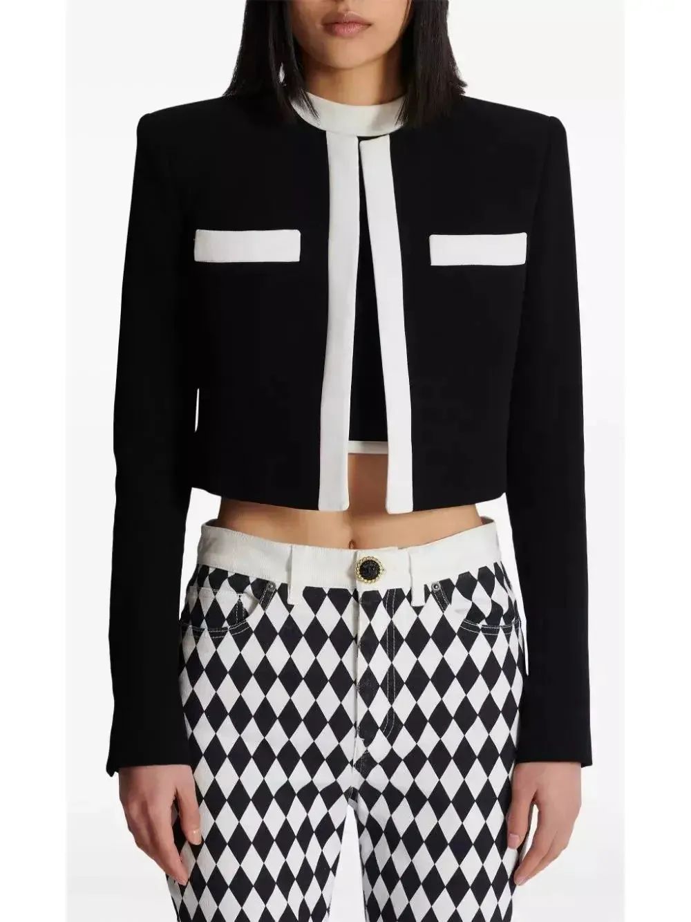 Women’s Black with White Trim Cropped Blazer Jacket