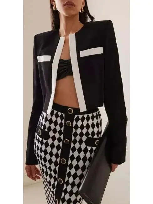 Women’s Black with White Trim Cropped Blazer Jacket