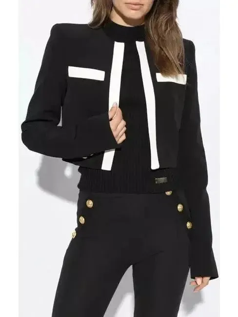 Women’s Black with White Trim Cropped Blazer Jacket